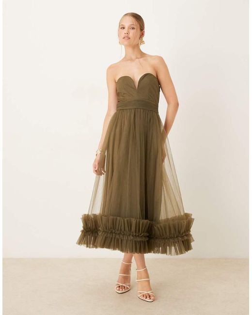 LACE & BEADS Natural Corset Tulle Ruffle Hem Midaxi Dress