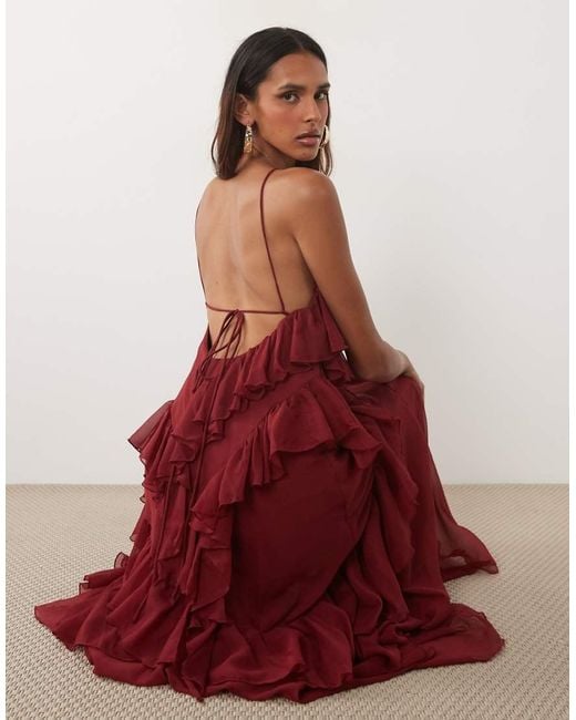 ASOS Red Asos Design Tall High Neck Low Back Ruffle Maxi Dress