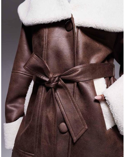 The Frolic Brown Exclusive Faux Shearling And Cream Borg Contrast Belted Coat
