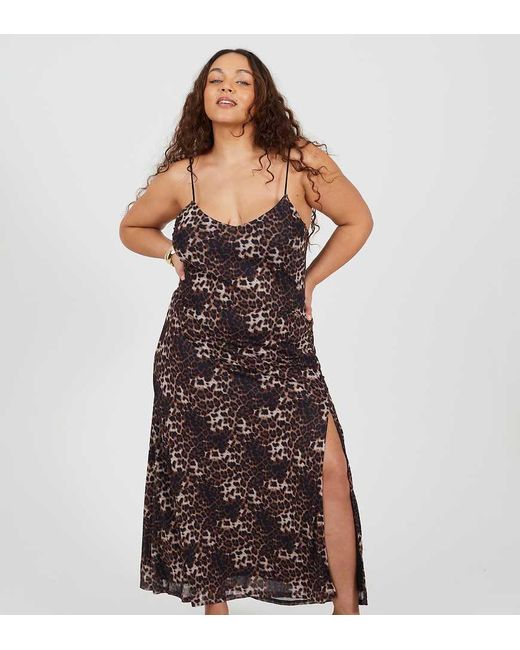 Brave Soul Brown Curve Leopard Print Strappy Maxi Dress With Split Detail