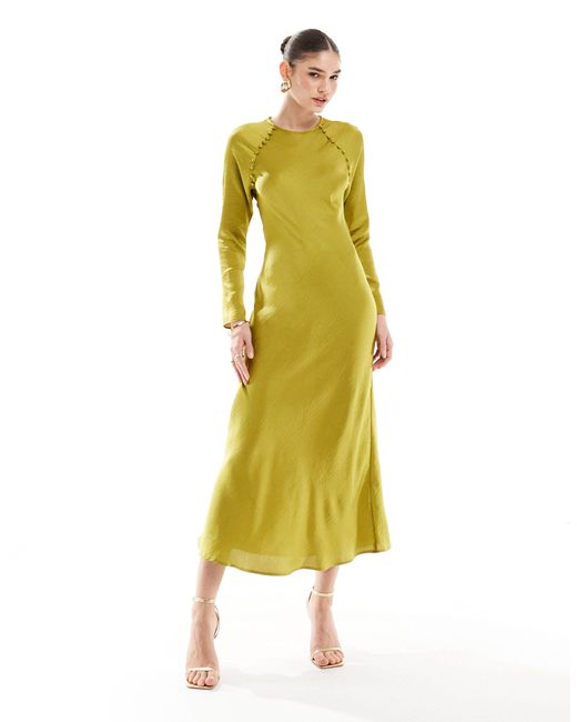 ASOS Yellow Satin Biased Maxi Dress With Button Detail