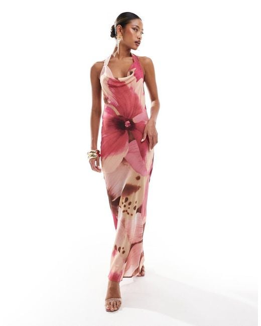 River Island Red Halterneck Floral Print Maxi Dress