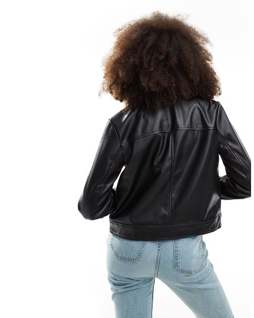 New Look Black Faux Leather Cropped Trucker Jacket