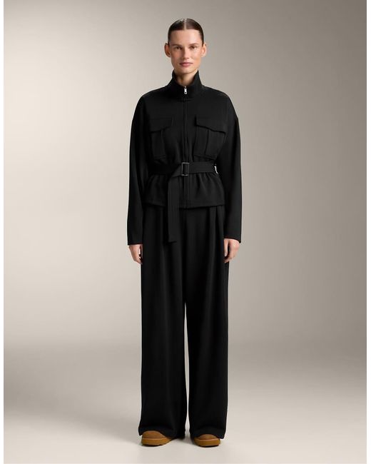 Oysho Black Soft-Touch Modal Wide-Leg Trousers With Pleat Waist Detail