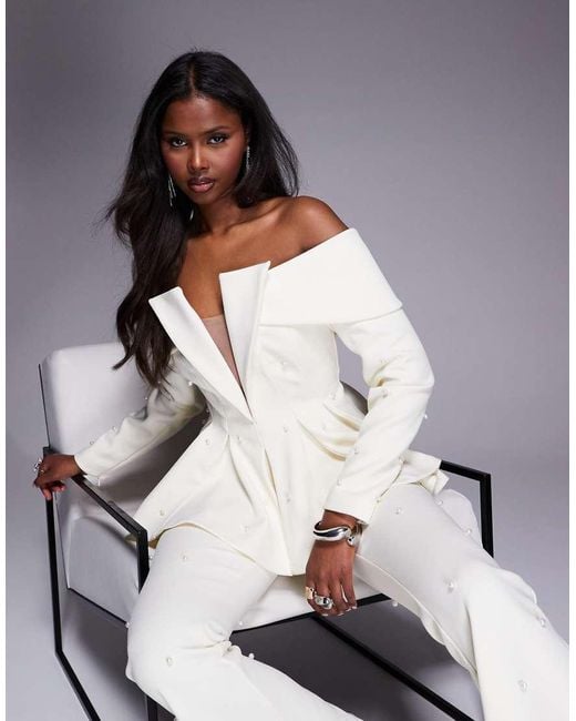ASOS Gray Pearl Embellished Off Shoulder Tailored Blazer