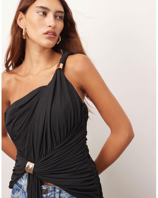 ARRANGE Black One Shoulder Drape Top With Metal Trim Detail