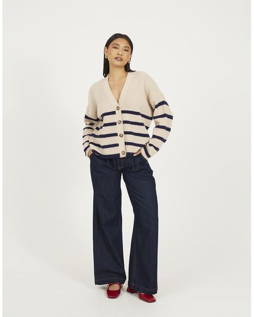 Brave Soul Natural Stripe V-Neck Fisherman Knit Cardigan