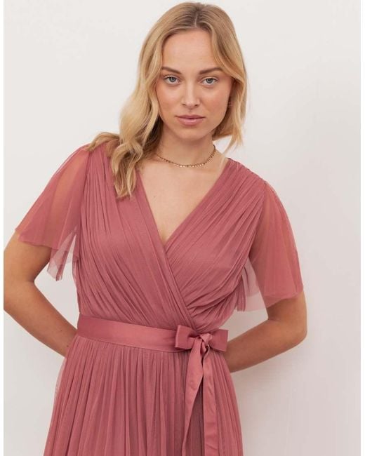 ANAYA Red Tulle Faux Wrap Short Sleeve Maxi Dress