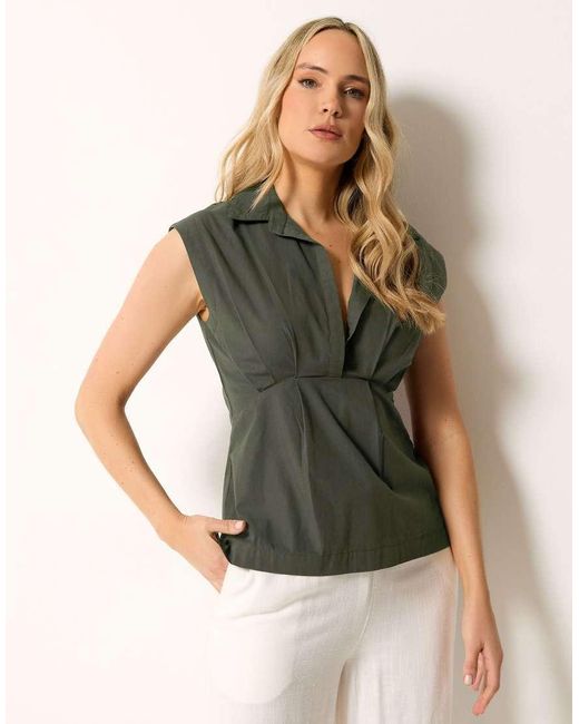 Long Tall Sally Green Open Collar Pleated Shirt