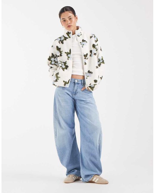 Pieces White Zip Front Floral Print Teddy Jacket