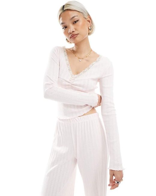 Miss Selfridge White Lace Trim Pointelle Long Sleeve Top