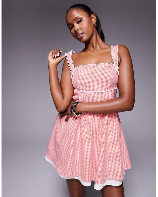 Kaiia Pink Exclusive Bow Lace Trim Detail Square Neck Mini Skater Dress