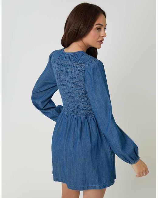 Threadbare Blue Shirred Denim Button Up Mini Dress