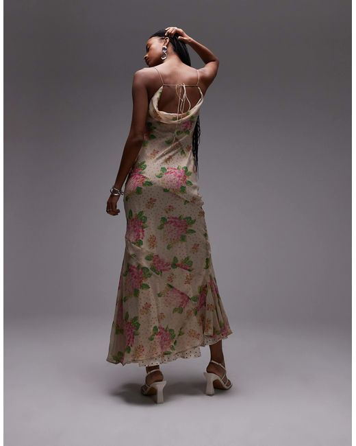 TOPSHOP Brown – maxikleid aus bedrucktem doppellagigem satin und chiffon