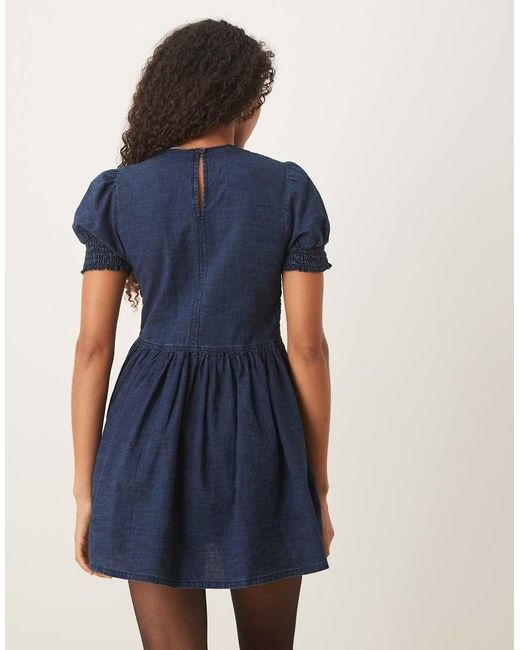 ASOS Blue Puff Sleeve Denim Mini Dress With Shirred Front