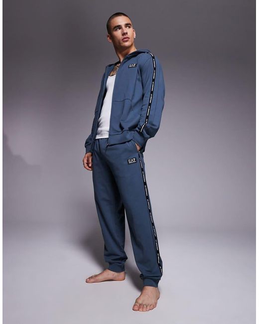 EA7 Blue Armani Zip Hoodie With Logo Tape Detail for men