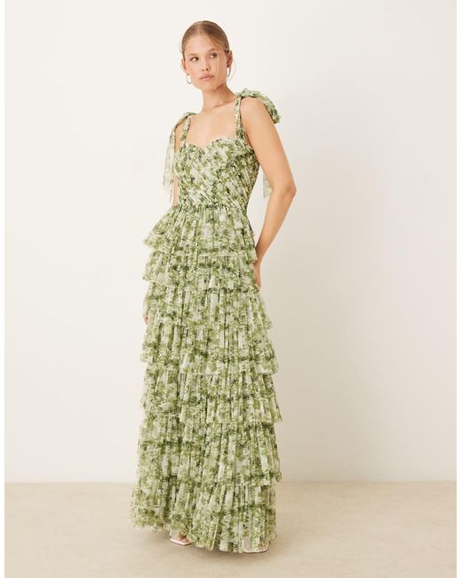 LACE & BEADS Green Bow Shoulder Ruffle Maxi Dress