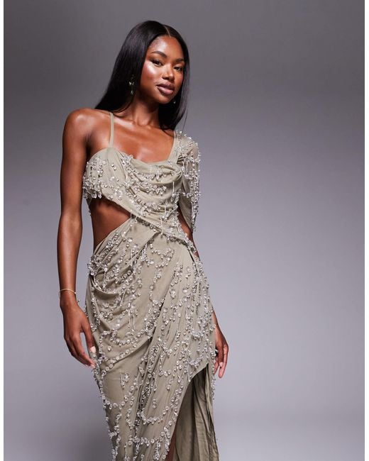 ASOS Gray Draped Off Shoulder Bandeau Maxi Dress With Beaded Embellishment