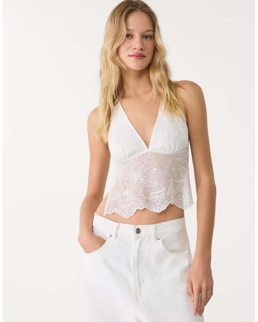Stradivarius White Halter Top With Sequin Embroidery