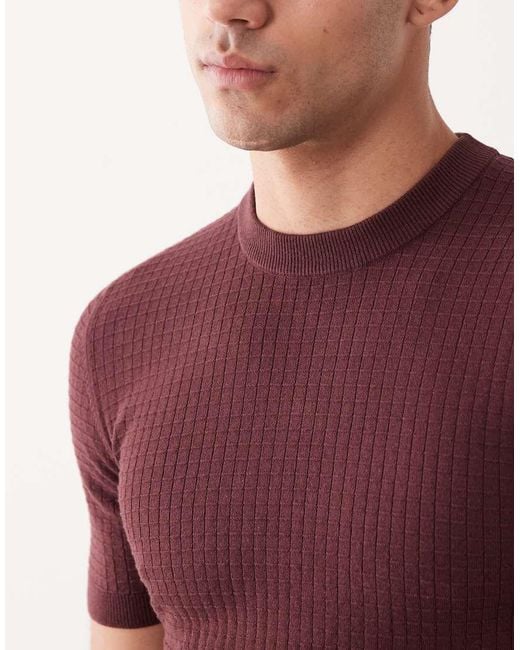ASOS Red Muscle Fit Short Sleeve Knitted Waffle Crew Neck T-shirt for men