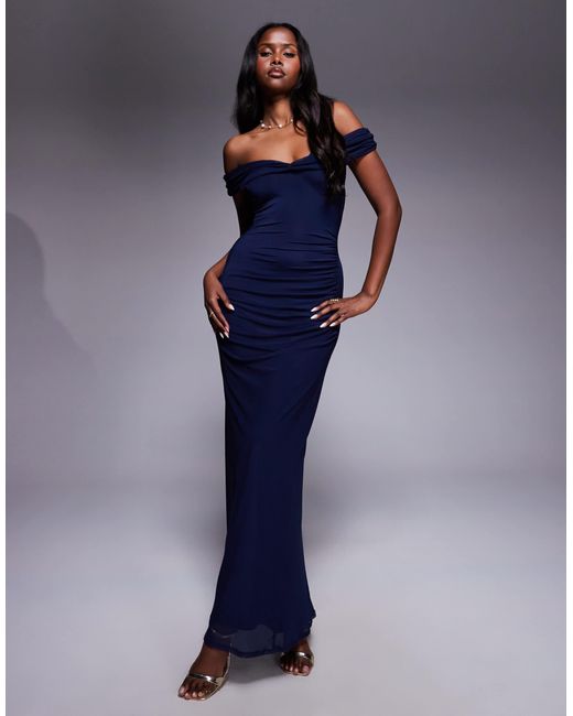 ASOS Off Shoulder Ruched Maxi Dress in Blue | Lyst