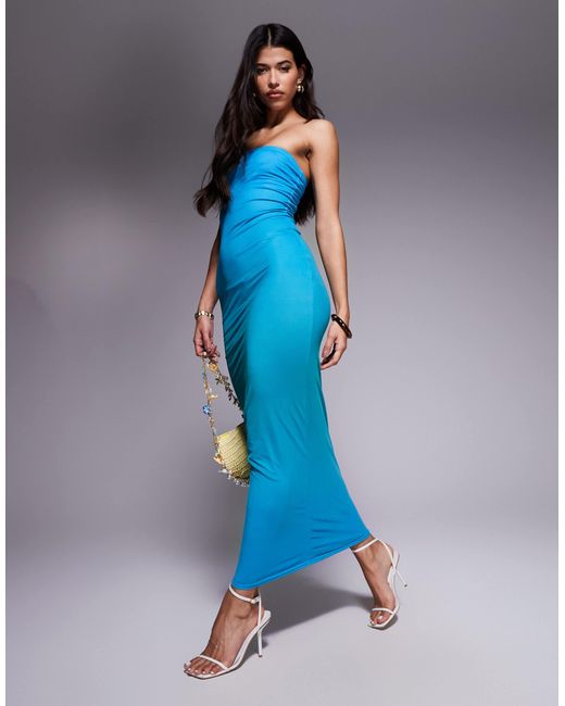 Kaiia Women's Blue Exclusive Double Layered Slinky Mesh Bandeau Maxi Dress