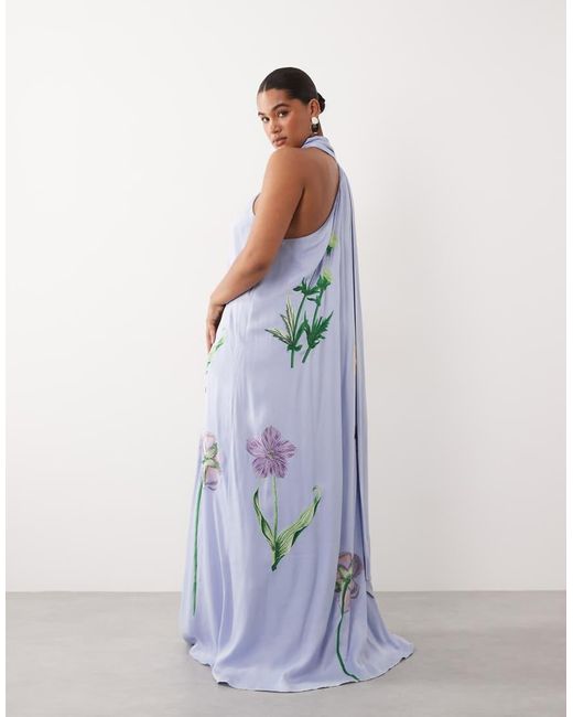 ARRANGE Blue Curve Botanical Floral Embroidered One Shoulder Maxi Dress