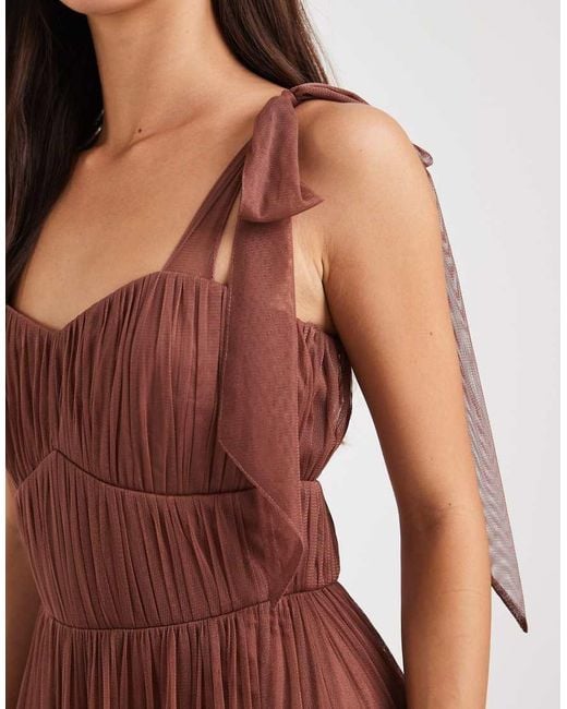 LACE & BEADS Brown Bridesmaid Bow Shoulders Tulle Maxi Dress