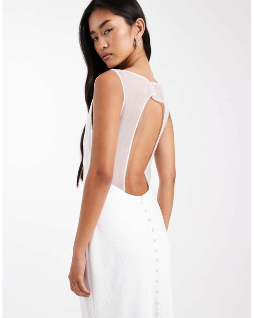 Six Stories White Bridal Satin Maxi Dress With Mesh Keyhole Back And Button Detail