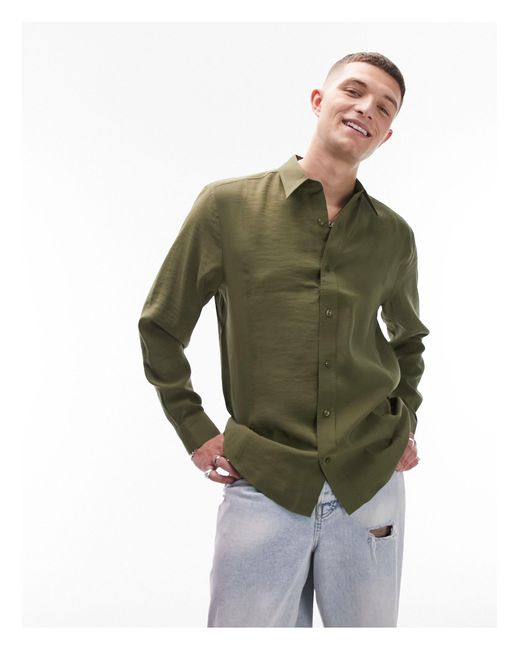 Topman Green Long Sleeve Draped Modal Shirt for men