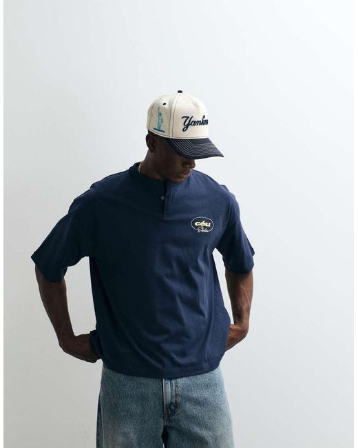 ASOS Blue Boxy Oversized Henley T-shirt With Text Chest Graphic for men