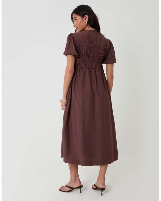 Threadbare Brown Ruched Drawstring Puff Sleeve Midi Dress