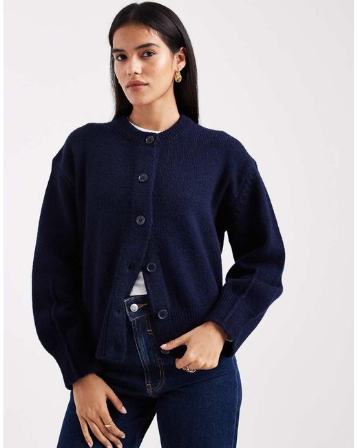 ASOS Blue Boxy Crew Neck Cardigan With Side Split Detail
