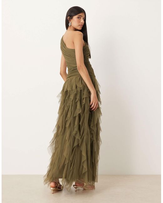 LACE & BEADS Green Bridesmaid One Shoulder Waterfall Ruffle Maxi Dress