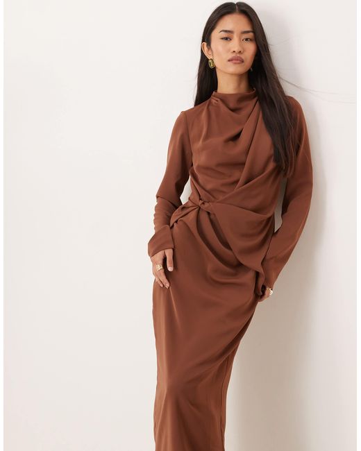ASOS Brown High Neck Draped Slinky Maxi Dress