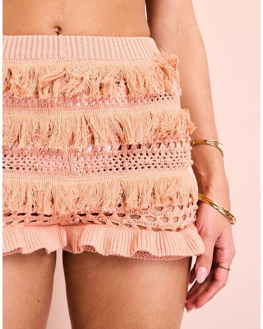 ASOS Pink Co-ord Pearl Embellished Knitted Crochet Mini Shorts
