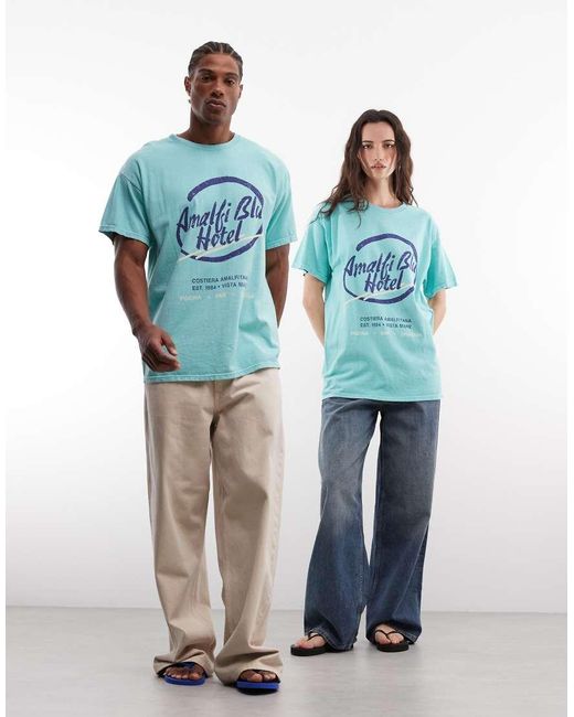Reclaimed Vintage Blue Amalfi Slogan T-Shirt for men