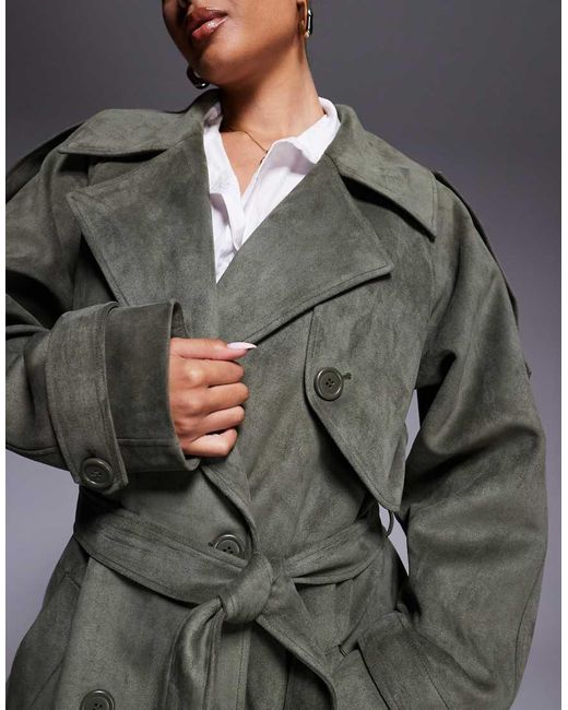 Aria Cove Gray Faux Suede Trench Maxi Trench Coat