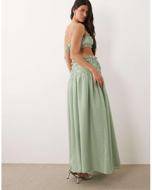 Wanderdoll Green Soulie Linen Look Shirred Dropped Waist Tie Detail Maxi Skirt Co-ord