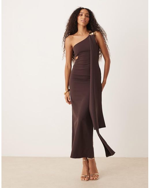 ASOS Brown Cut Out One Shoulder Maxi Dress With Hammered Trim