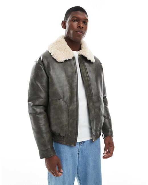 ASOS Gray Faux Leather Bomber Jacket With Contrast Borg Collar for men