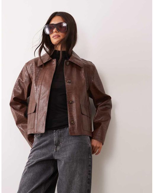Mango Brown Faux Croc Leather Jacket