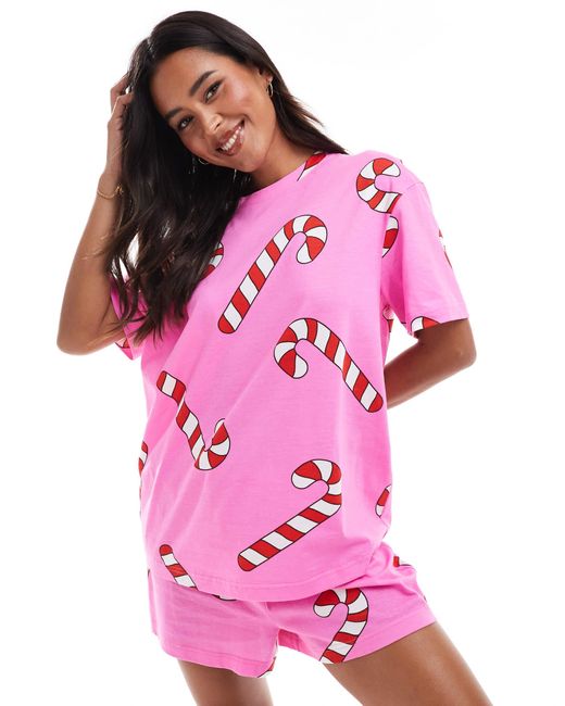 ASOS Pink Candy Cane Oversized Tee & Shorts Pyjama Set