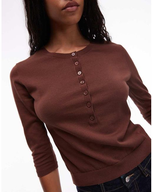 ARKET Brown Pure Cotton Knitted Rib Henley Top With Long Sleeves
