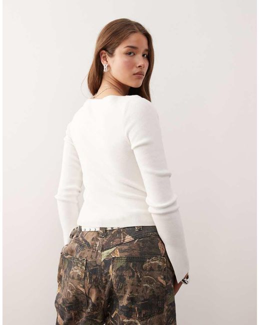 Collusion White Knitted Slash Neck Long Sleeve Top