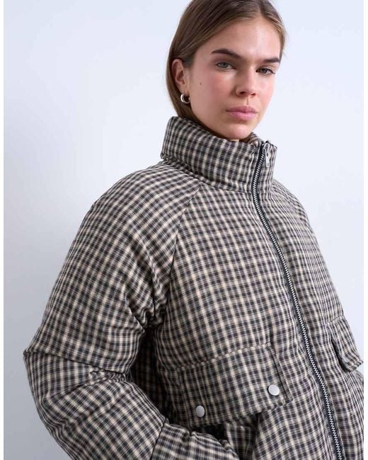TOPSHOP Gray Micro Check Funnel Neck Puffer Jacket