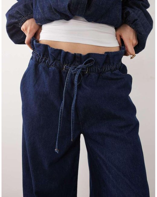 ASOS Blue Denim Paperbag Waistband Wide Leg