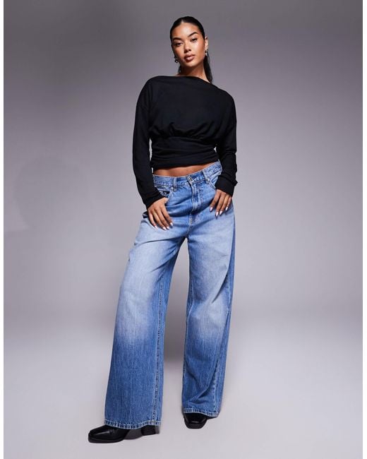ASOS Blue Knit-look Asymmetric One Shoulder Long Sleeve Top With Cinch Waist Detail