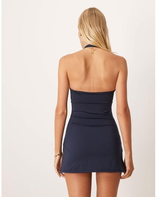 4505 Blue Active Halter Neck Tennis Dress With Under Shorts