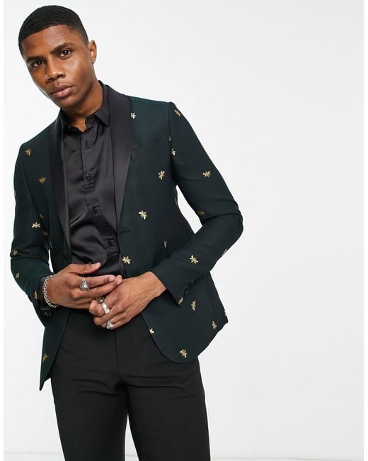 Bolongaro Trevor Black Skinny Fit All Over Bee Embroidered Suit Jacket for men